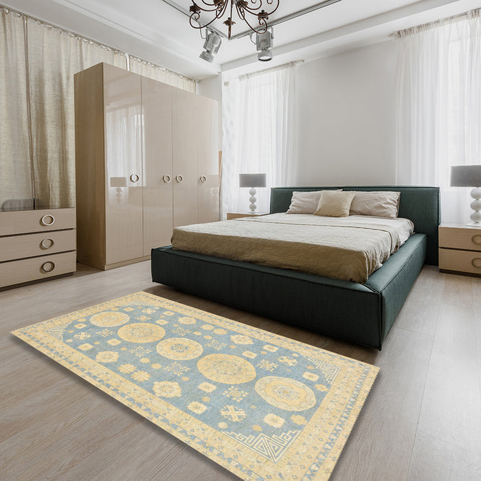 Abstract Brown Gold Oriental Rug in a Bedroom, abs296