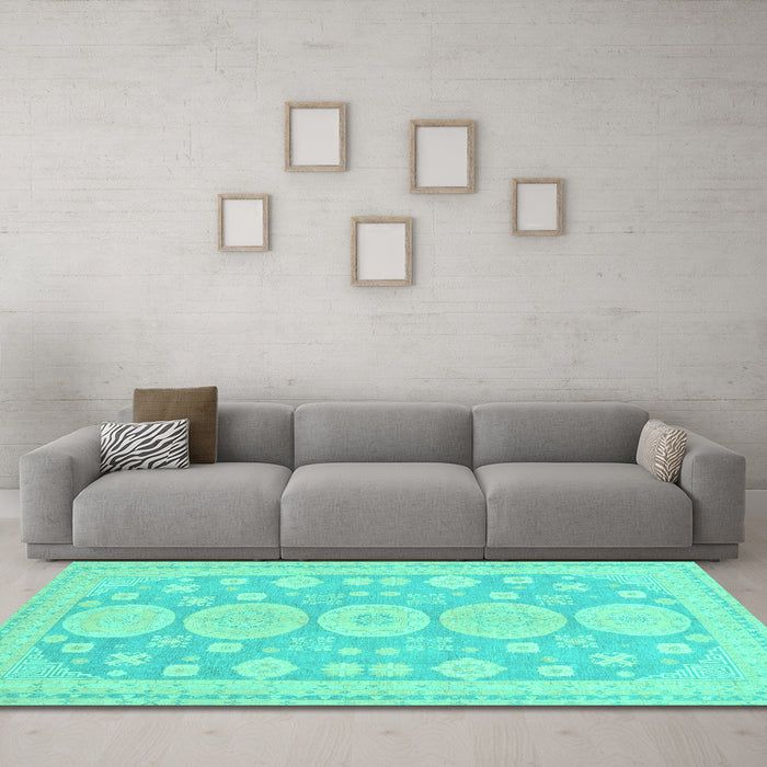 Machine Washable Oriental Turquoise Traditional Area Rugs in a Living Room,, wshabs296turq