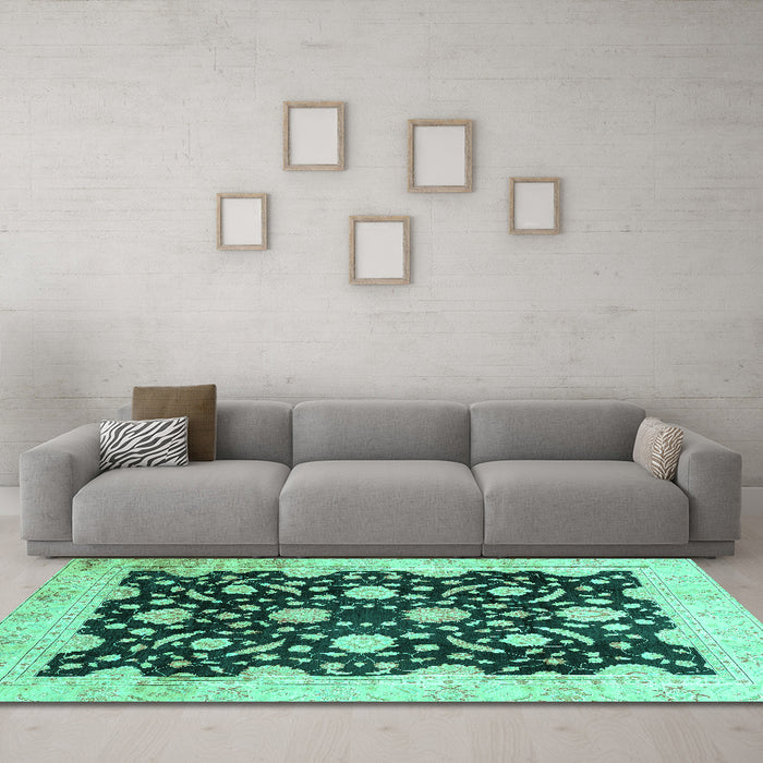 Machine Washable Oriental Turquoise Traditional Area Rugs in a Living Room,, wshabs2971turq