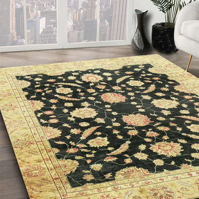 Abstract Dark Brown Oriental Rug in Family Room, abs2971