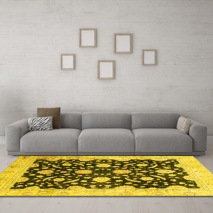 Machine Washable Oriental Yellow Traditional Rug in a Living Room, wshabs2971yw