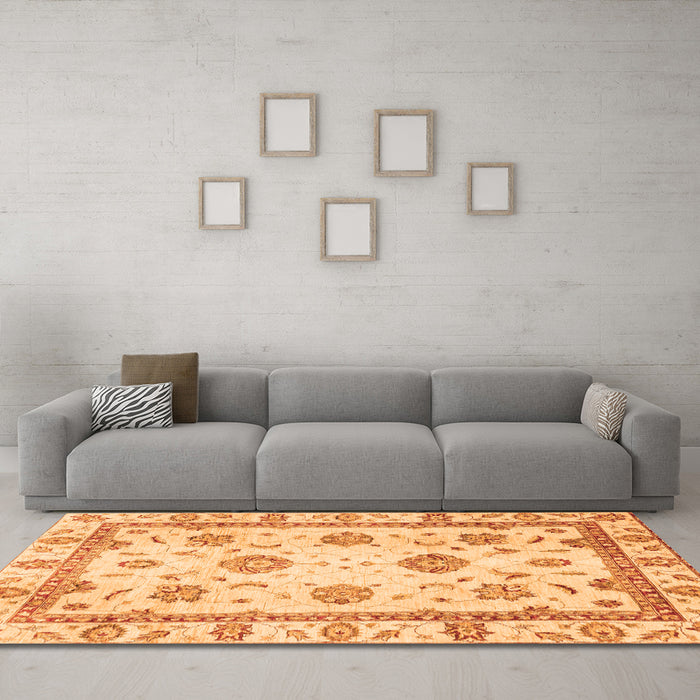 Machine Washable Abstract Orange Modern Area Rugs in a Living Room, wshabs2972org