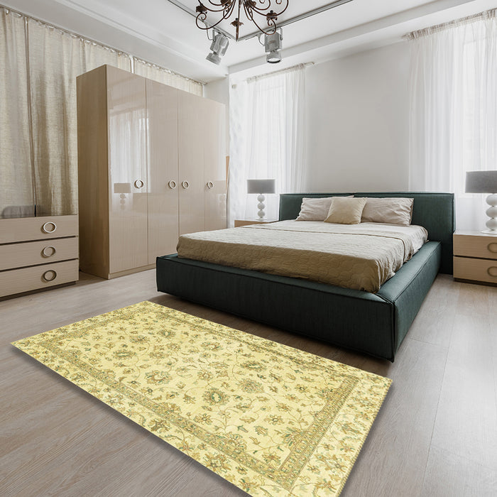 Machine Washable Abstract Gold Rug in a Bedroom, wshabs2974