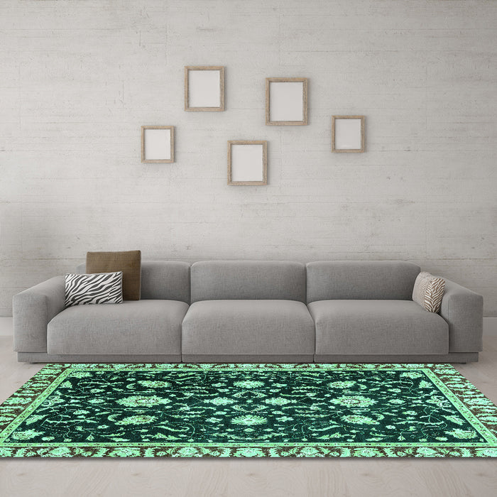 Machine Washable Oriental Turquoise Traditional Area Rugs in a Living Room,, wshabs2975turq