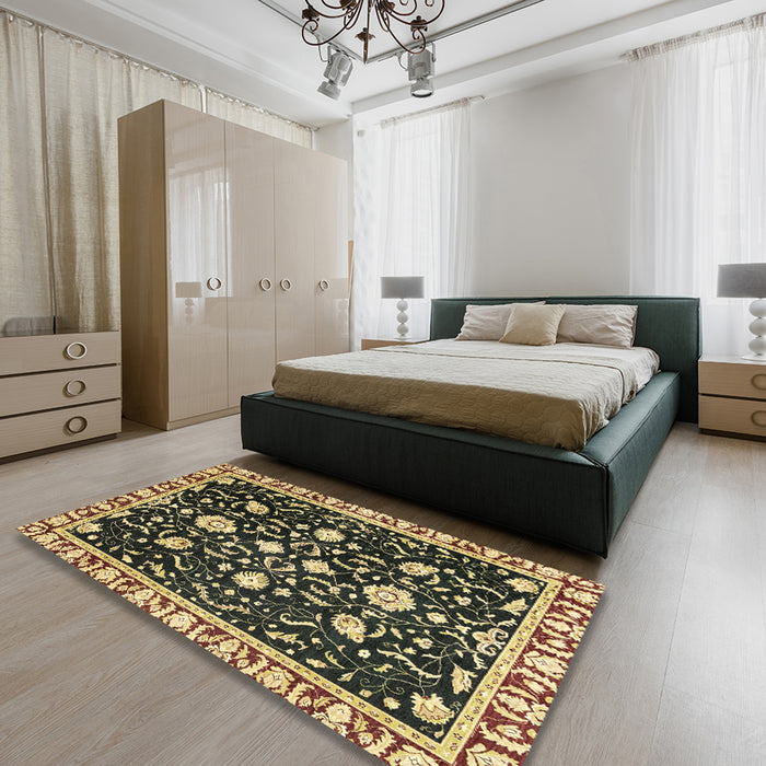 Abstract Chocolate Brown Oriental Rug in a Bedroom, abs2975