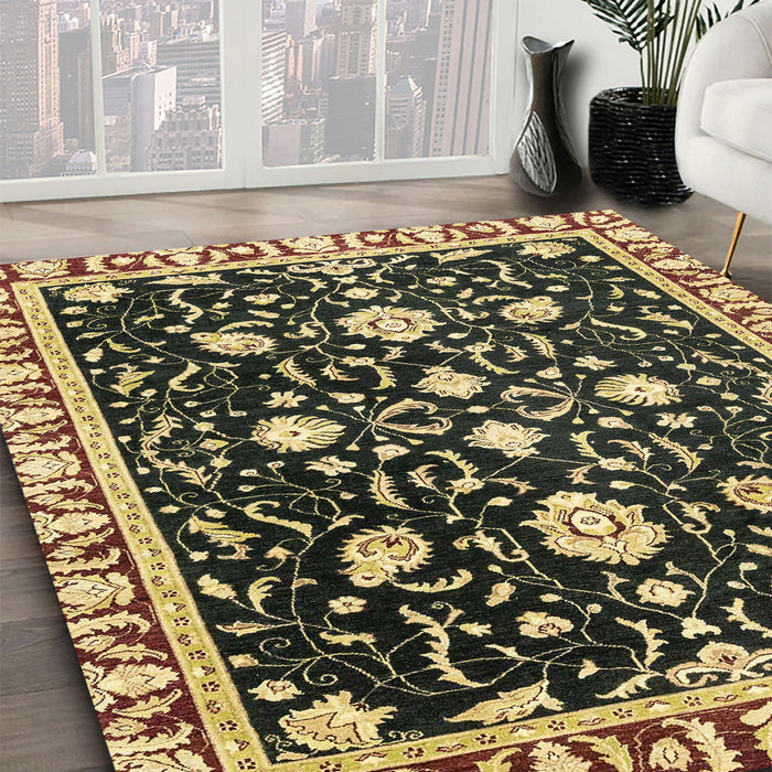 Abstract Chocolate Brown Oriental Rug in Family Room, abs2975