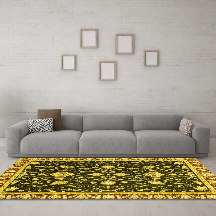 Machine Washable Oriental Yellow Traditional Rug in a Living Room, wshabs2975yw