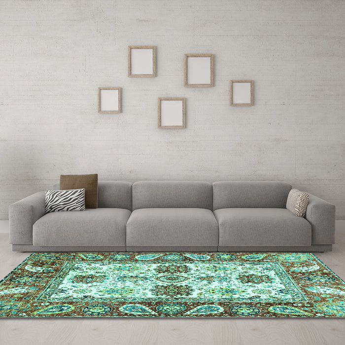 Machine Washable Abstract Turquoise Modern Area Rugs in a Living Room,, wshabs2977turq
