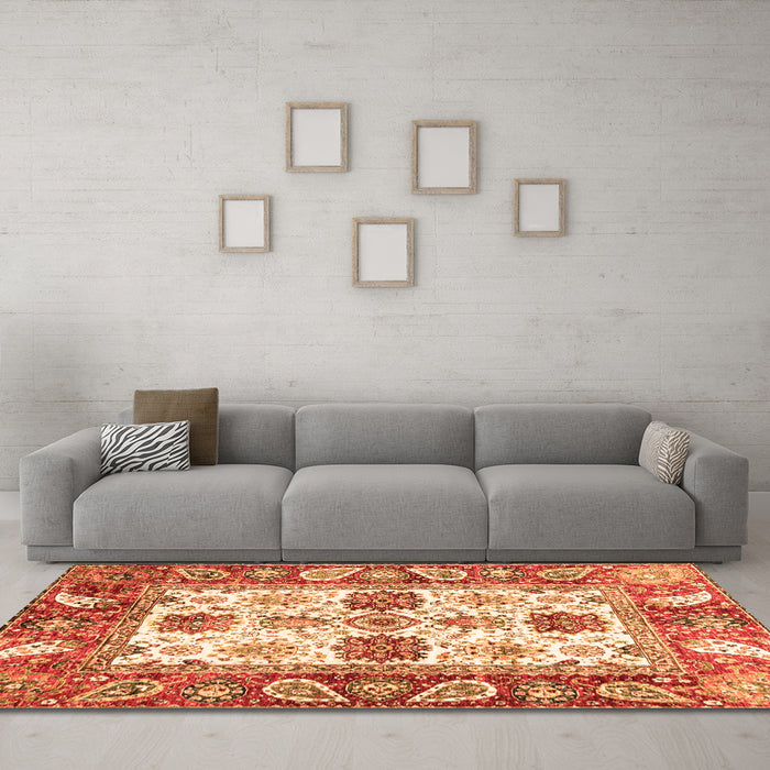 Machine Washable Abstract Orange Modern Area Rugs in a Living Room, wshabs2977org