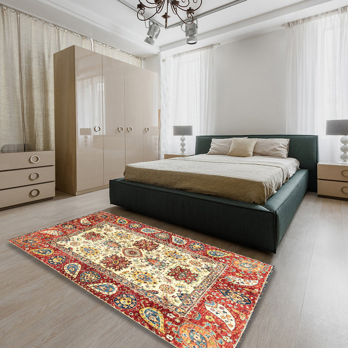 Machine Washable Abstract Brown Gold Rug in a Bedroom, wshabs2977