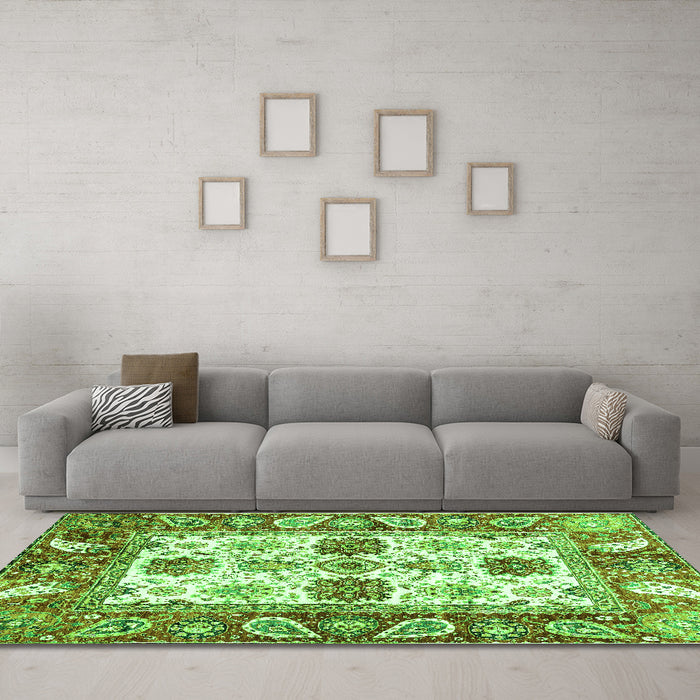 Machine Washable Abstract Green Modern Area Rugs in a Living Room,, wshabs2977grn