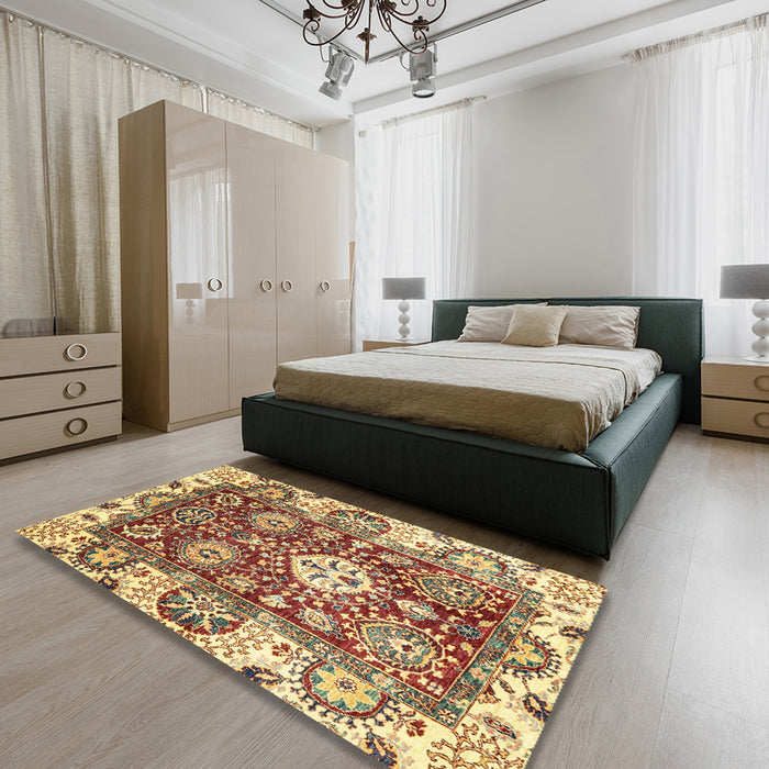 Machine Washable Abstract Chrome Gold Yellow Rug in a Bedroom, wshabs2978