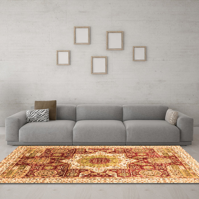 Machine Washable Abstract Orange Modern Area Rugs in a Living Room, wshabs2979org