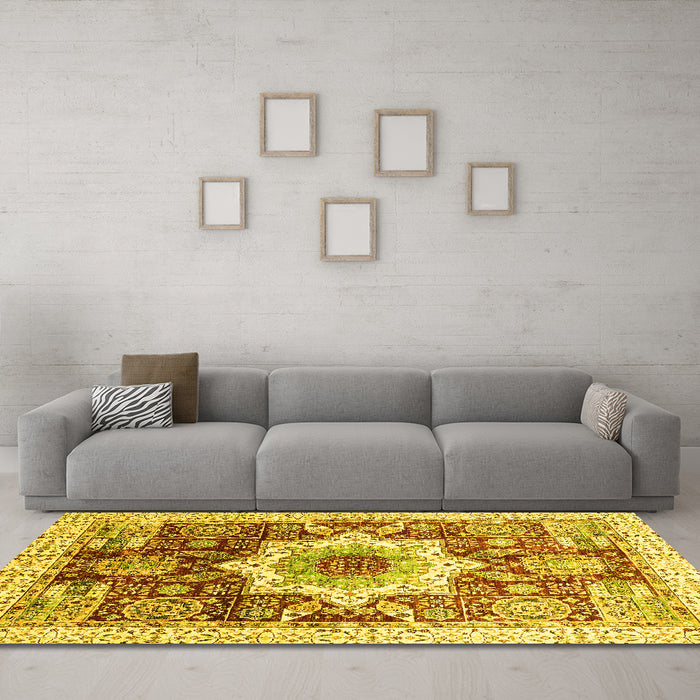 Machine Washable Abstract Yellow Modern Rug in a Living Room, wshabs2979yw