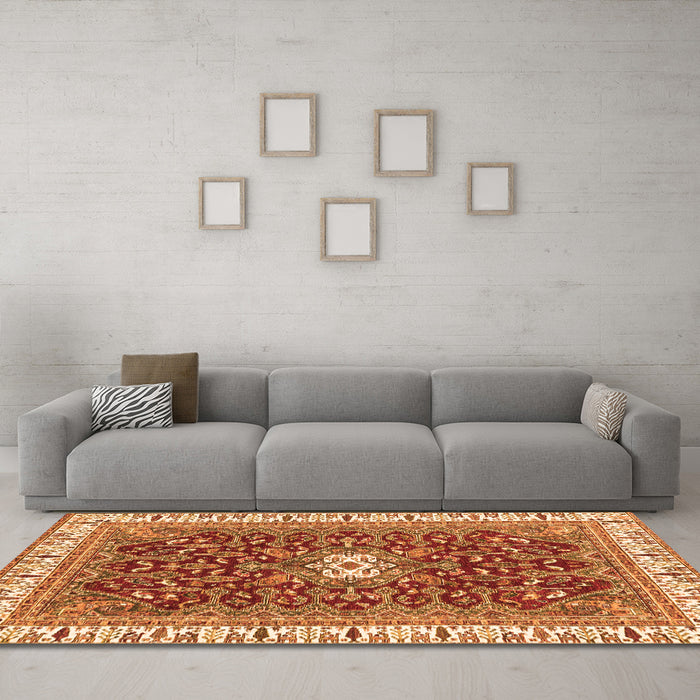 Machine Washable Abstract Orange Modern Area Rugs in a Living Room, wshabs2980org