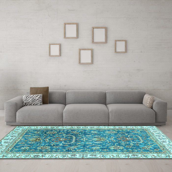 Machine Washable Oriental Light Blue Traditional Rug in a Living Room, wshabs2981lblu