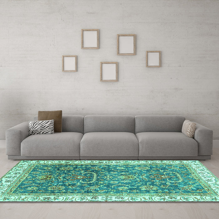 Machine Washable Oriental Turquoise Traditional Area Rugs in a Living Room,, wshabs2981turq