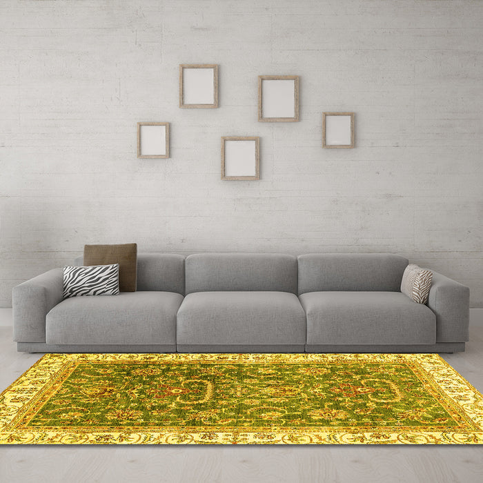 Machine Washable Oriental Yellow Traditional Rug in a Living Room, wshabs2981yw