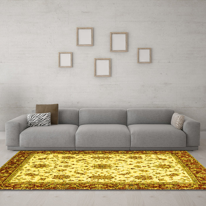 Machine Washable Abstract Yellow Modern Rug in a Living Room, wshabs2983yw