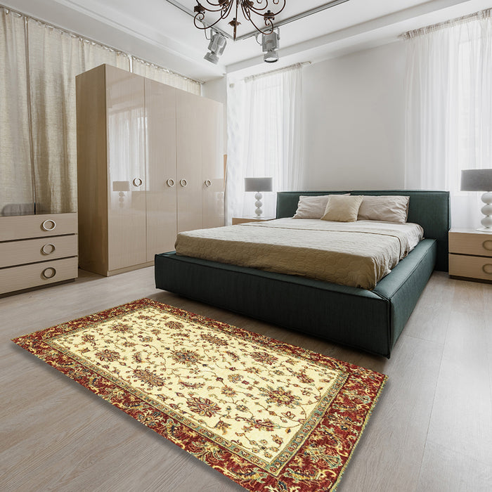 Abstract Mustard Yellow Modern Rug in a Bedroom, abs2983