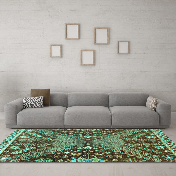 Machine Washable Abstract Turquoise Modern Area Rugs in a Living Room,, wshabs2984turq