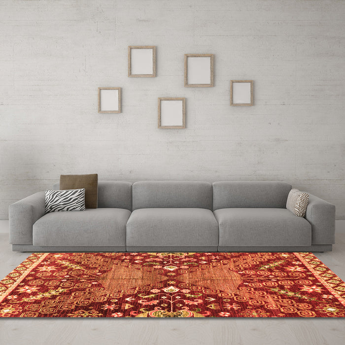 Machine Washable Abstract Orange Modern Area Rugs in a Living Room, wshabs2984org