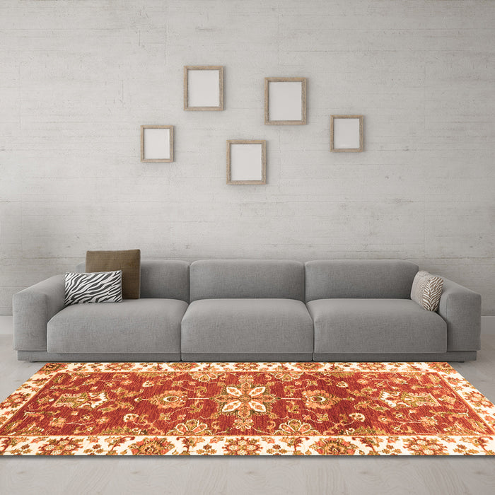 Machine Washable Abstract Orange Modern Area Rugs in a Living Room, wshabs2985org