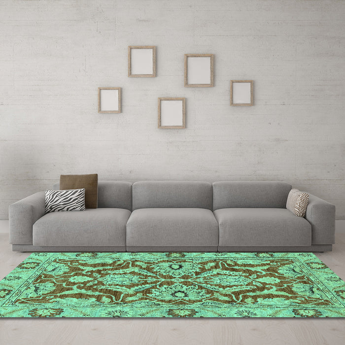 Machine Washable Oriental Turquoise Traditional Area Rugs in a Living Room,, wshabs2987turq