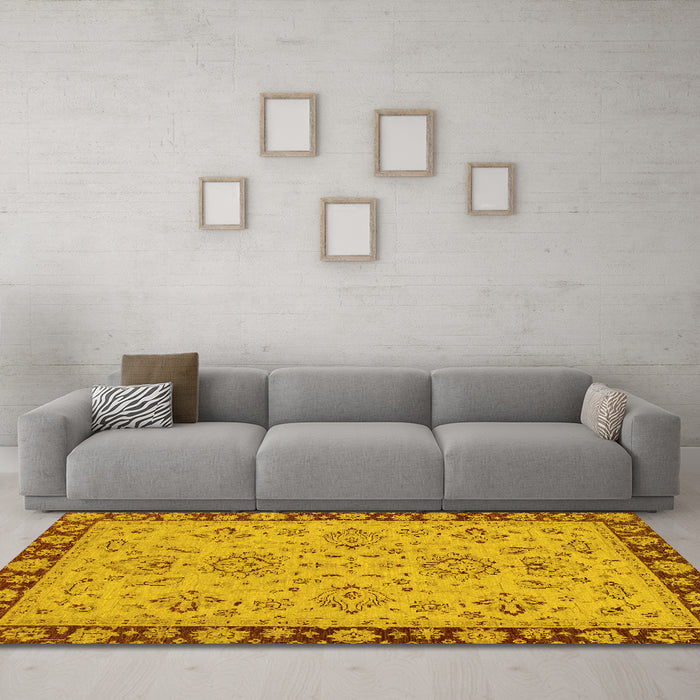 Machine Washable Oriental Yellow Traditional Rug in a Living Room, wshabs2988yw