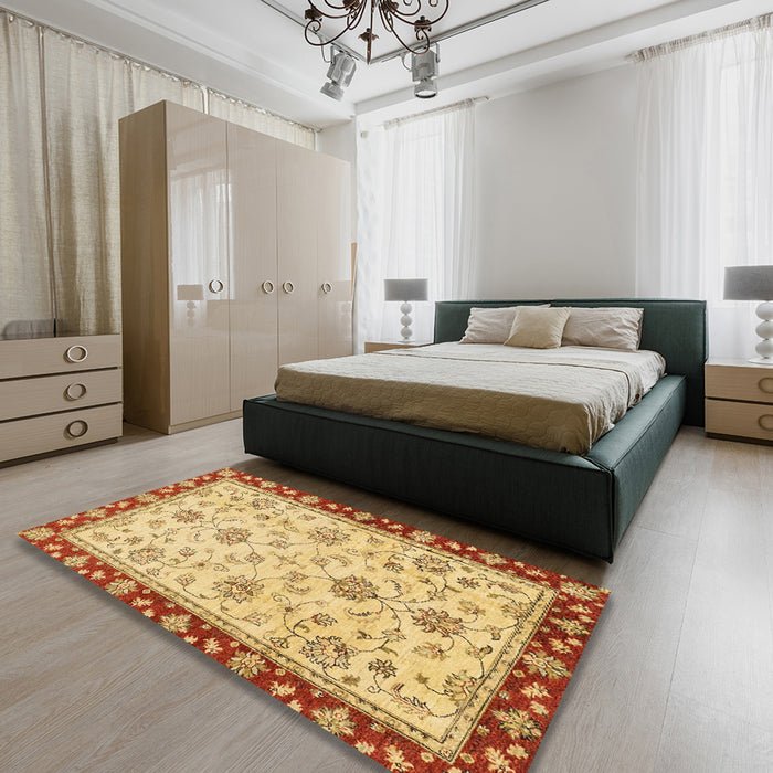 Abstract Chrome Gold Yellow Oriental Rug in a Bedroom, abs2991