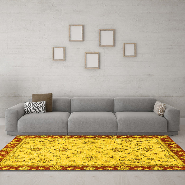 Machine Washable Oriental Yellow Traditional Rug in a Living Room, wshabs2991yw