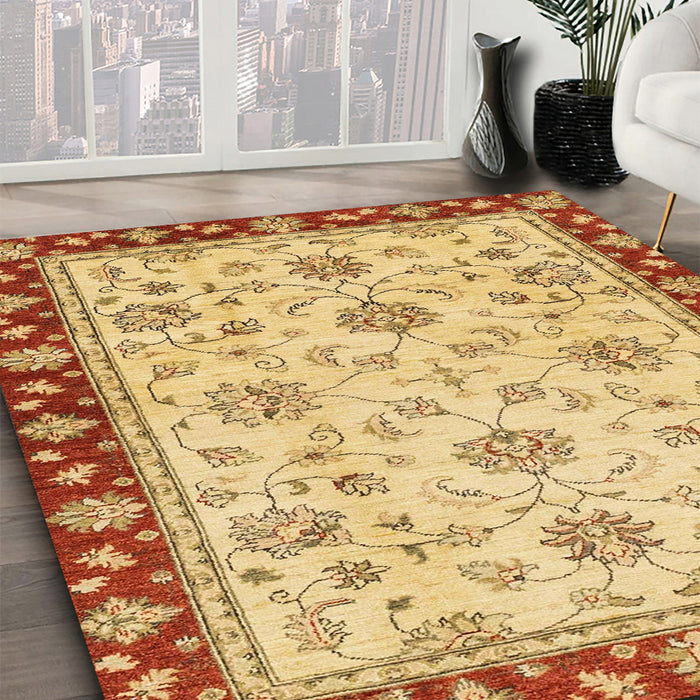 Abstract Chrome Gold Yellow Oriental Rug in Family Room, abs2991