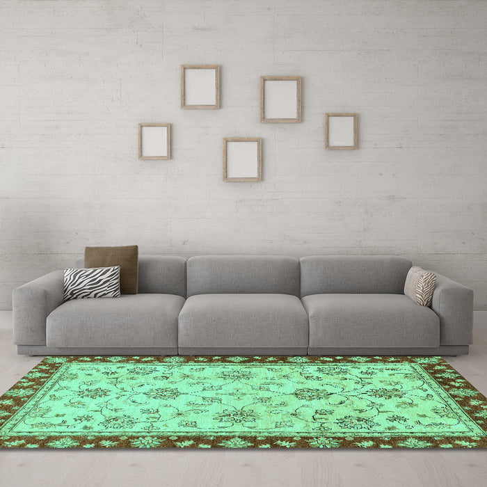 Machine Washable Oriental Turquoise Traditional Area Rugs in a Living Room,, wshabs2991turq