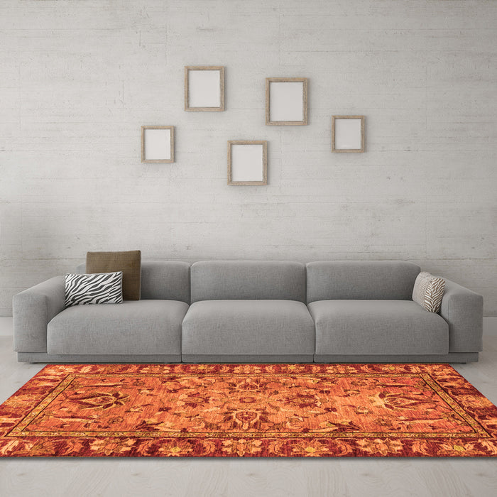 Machine Washable Abstract Orange Modern Area Rugs in a Living Room, wshabs2992org