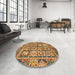 Round Machine Washable Abstract Gold Rug in a Office, wshabs2996