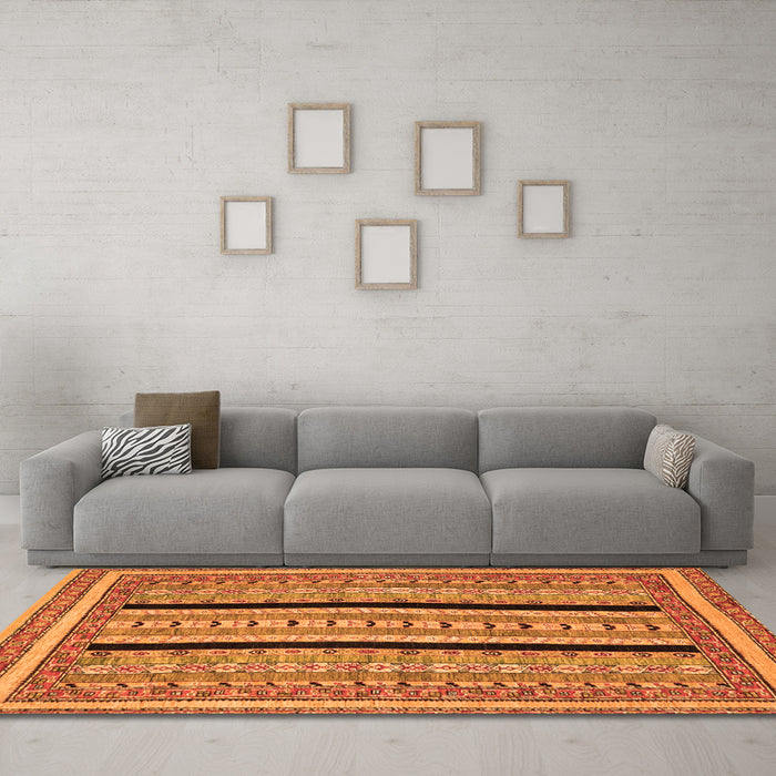 Machine Washable Abstract Orange Modern Area Rugs in a Living Room, wshabs2997org