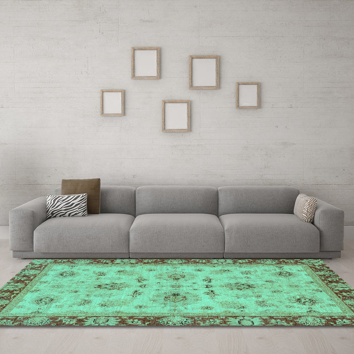 Machine Washable Oriental Turquoise Traditional Area Rugs in a Living Room,, wshabs2998turq
