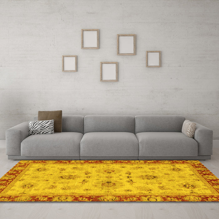 Machine Washable Oriental Yellow Traditional Rug in a Living Room, wshabs2998yw