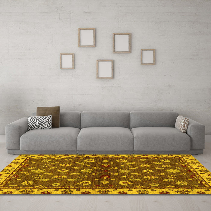 Machine Washable Oriental Yellow Traditional Rug in a Living Room, wshabs3001yw