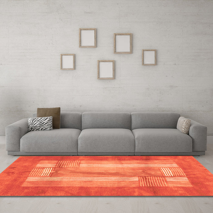 Machine Washable Abstract Orange Modern Area Rugs in a Living Room, wshabs3005org
