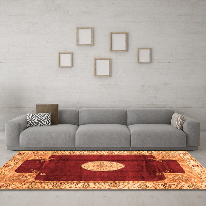 Machine Washable Abstract Orange Modern Area Rugs in a Living Room, wshabs3006org