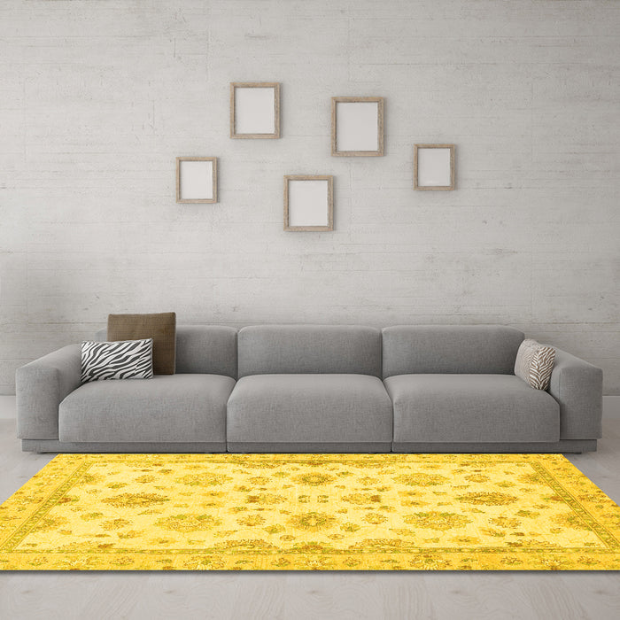 Machine Washable Oriental Yellow Traditional Rug in a Living Room, wshabs3007yw