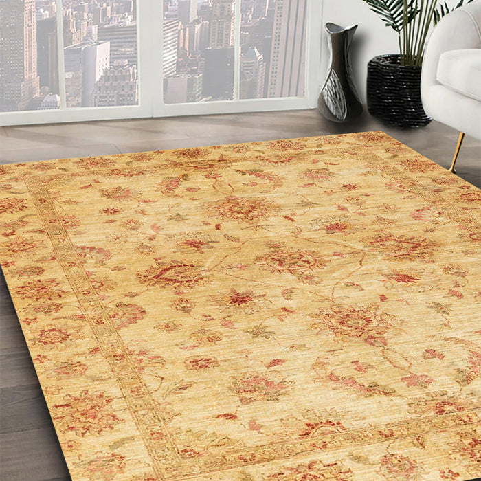 Abstract Chrome Gold Yellow Oriental Rug in Family Room, abs3009