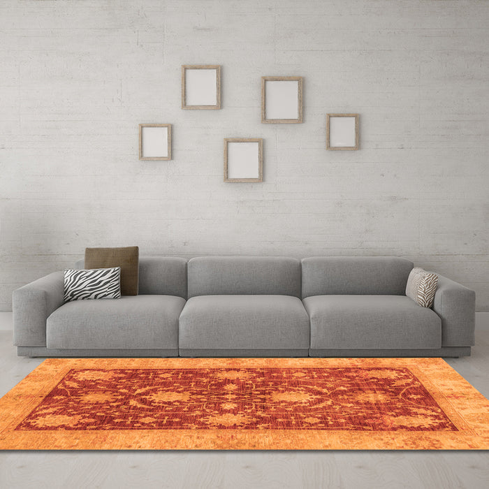 Machine Washable Abstract Orange Modern Area Rugs in a Living Room, wshabs3010org