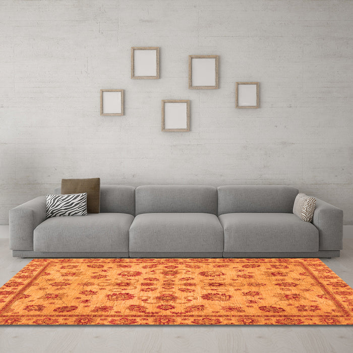 Machine Washable Abstract Orange Modern Area Rugs in a Living Room, wshabs3012org
