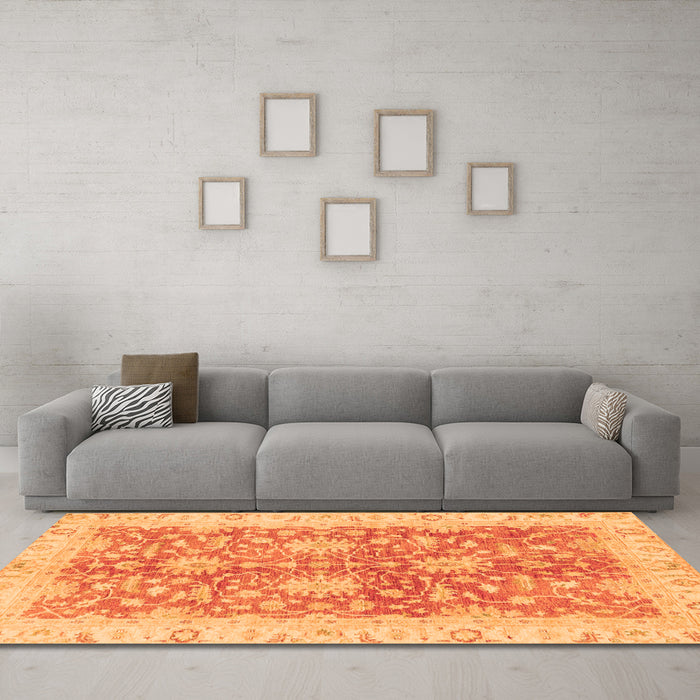 Machine Washable Abstract Orange Modern Area Rugs in a Living Room, wshabs3013org