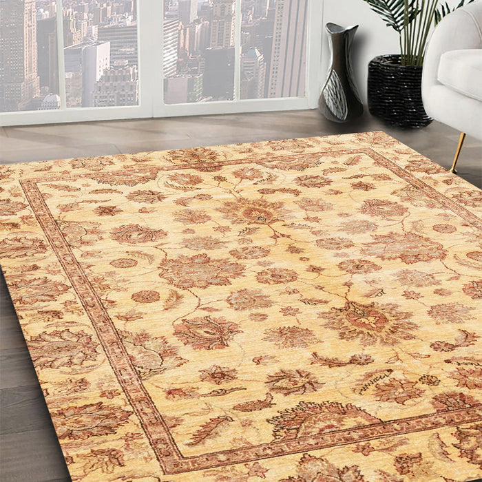 Abstract Mustard Yellow Oriental Rug in Family Room, abs3014