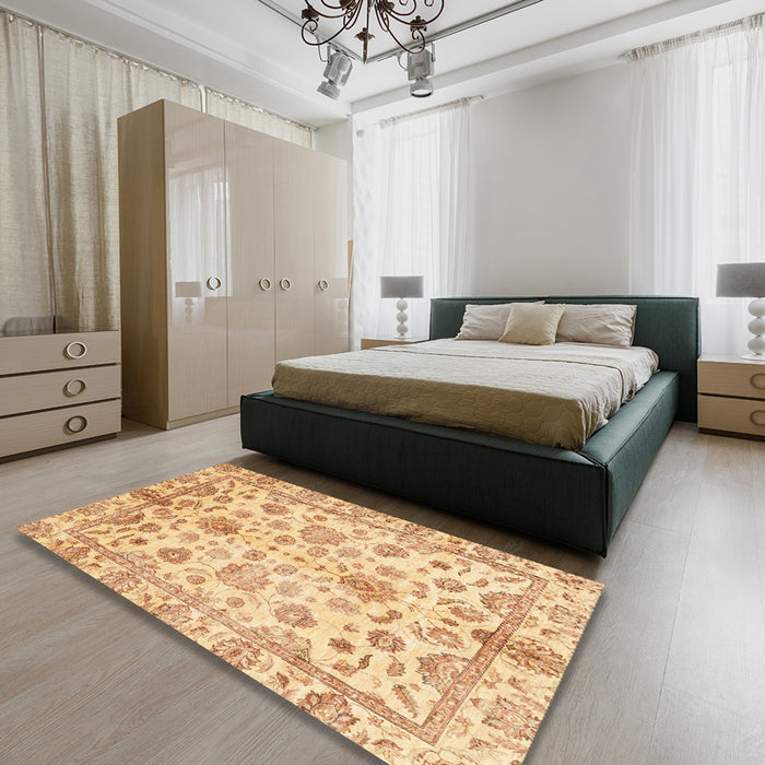 Machine Washable Abstract Mustard Yellow Rug in a Bedroom, wshabs3014