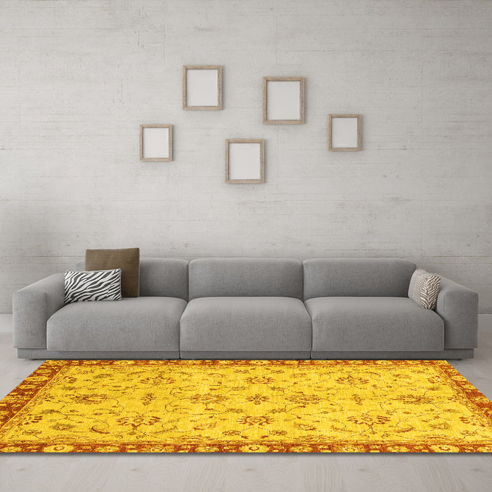 Machine Washable Oriental Yellow Traditional Rug in a Living Room, wshabs3016yw
