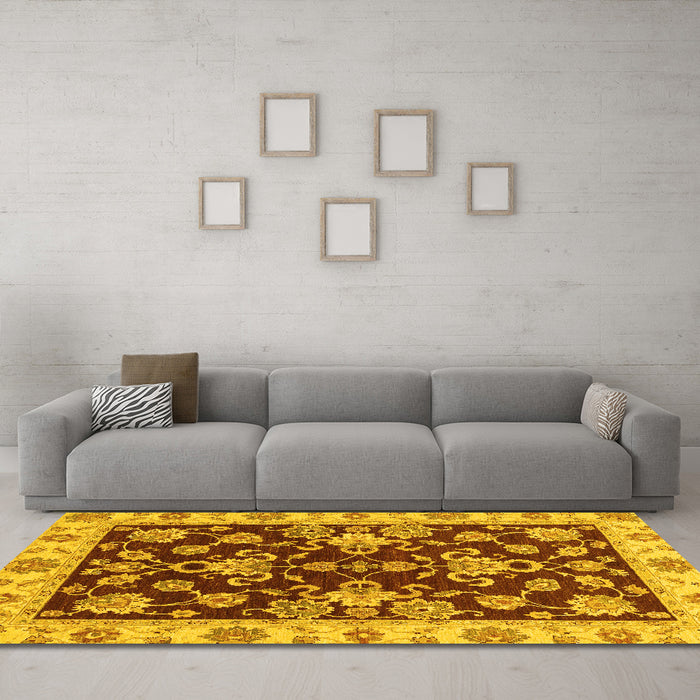 Machine Washable Oriental Yellow Traditional Rug in a Living Room, wshabs3017yw